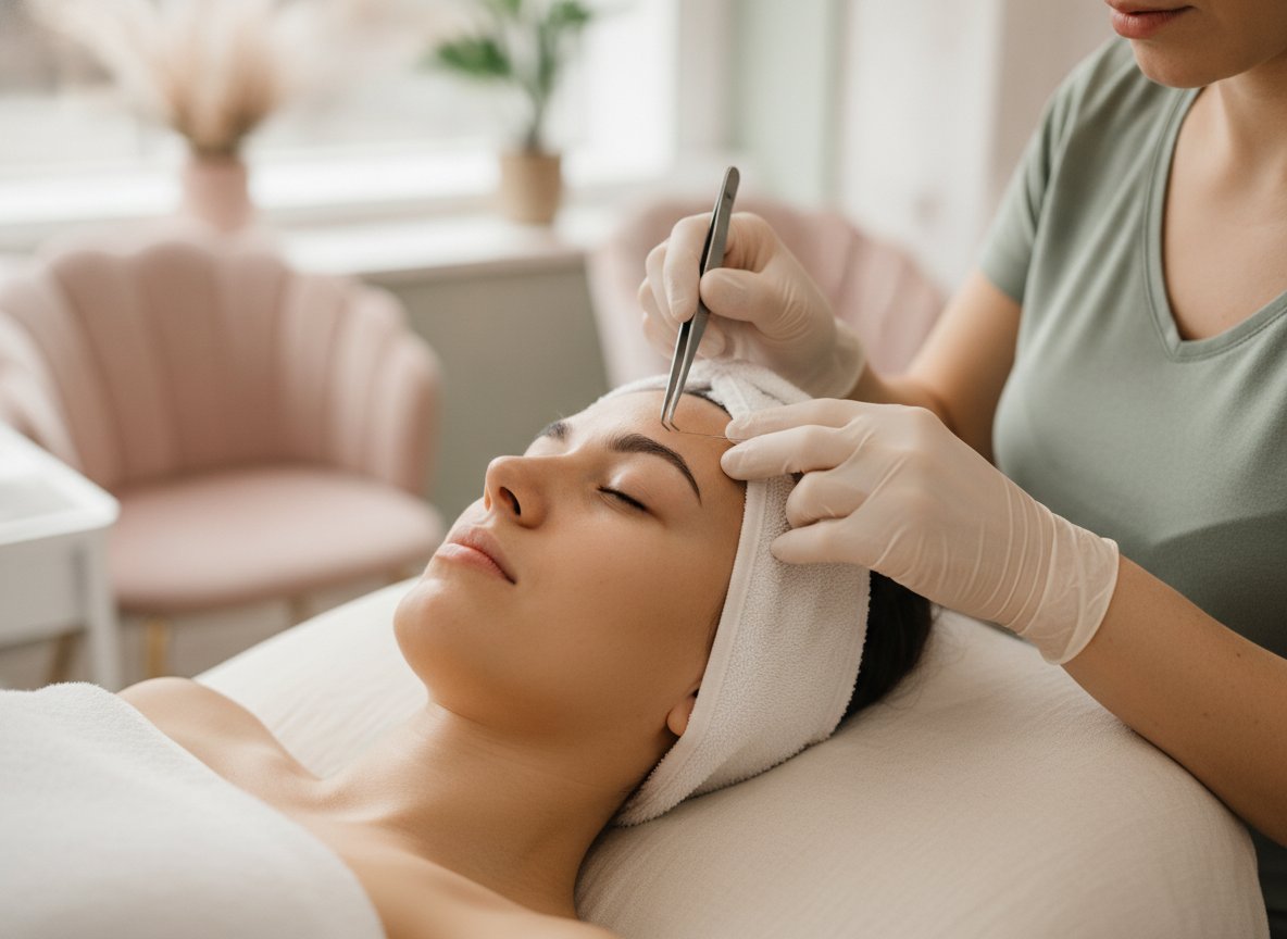 Esthetician shaping a client's brows with precision tweezers