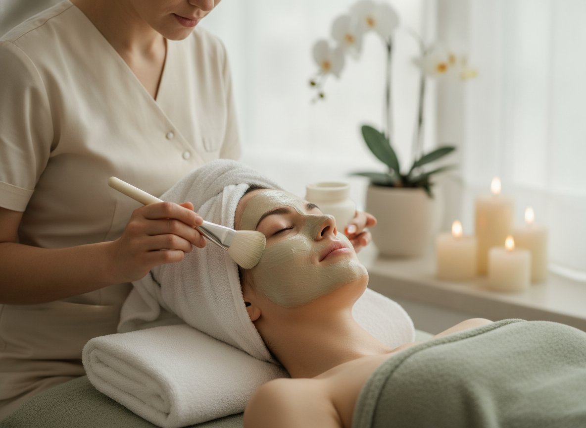 Esthetician applying a botanical cream mask during a facial