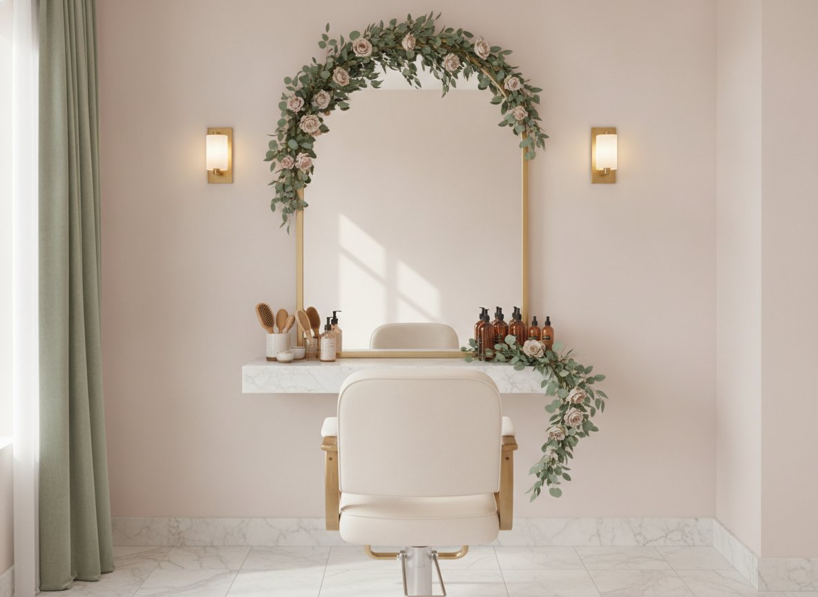 Elegant hair studio station with arched brass mirror and styling chair