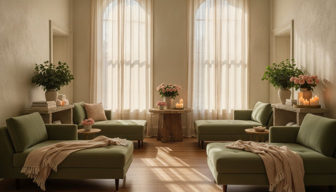 Sunlit spa lounge at Velvet Bloom with arched windows, sage velvet seating and lit candles