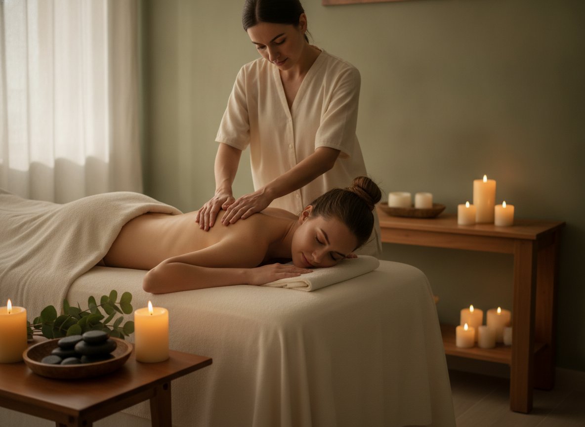 Therapist giving a relaxing back massage by candlelight