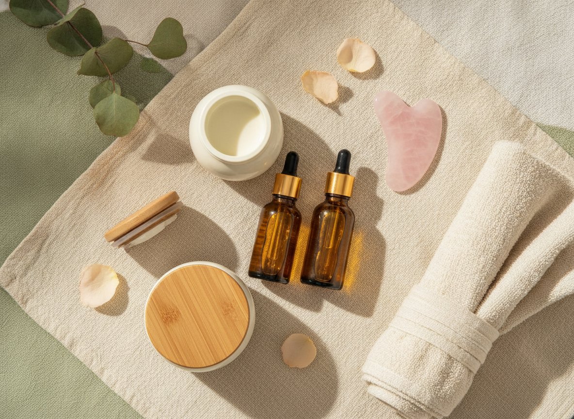Flatlay of botanical spa products with amber oils, dried eucalyptus and rose petals