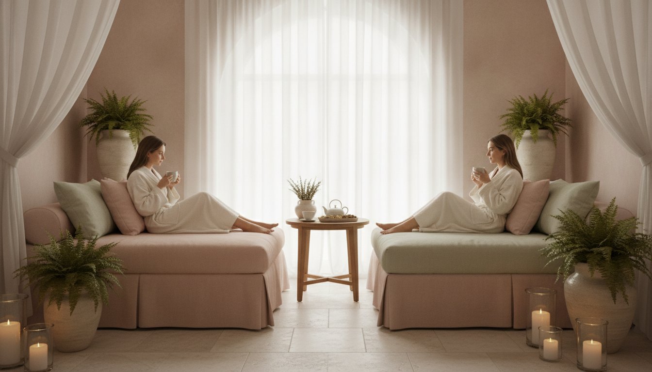 Guests in cream robes resting with herbal tea in the relaxation lounge