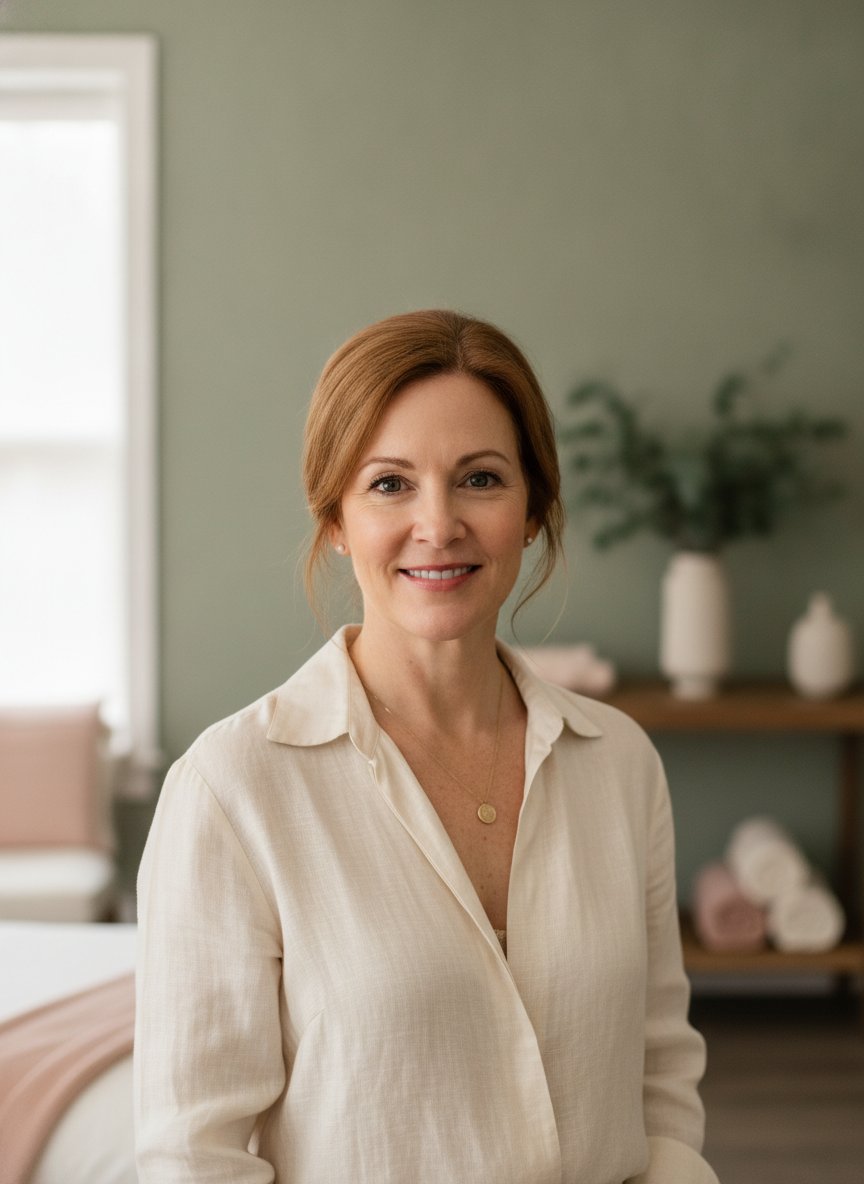 Camille Hartwell, founder of Velvet Bloom, smiling in the spa's sage-green parlour