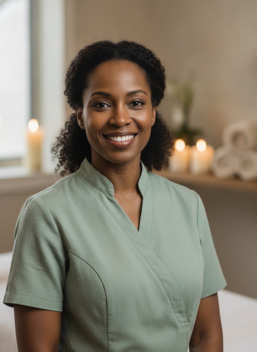 Portrait of Danielle Osei, senior massage therapist, in sage spa uniform