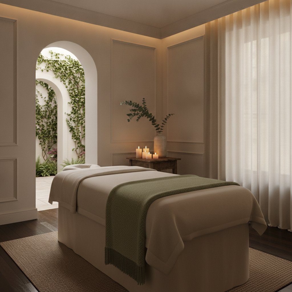 Tranquil private treatment room with layered cream linens and candles